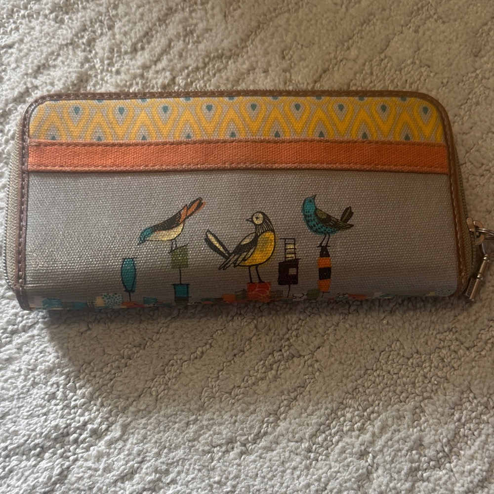 Fossil Beige Wallet with Yellow, Orange and Teal Bird Print - Picture 2 of 5